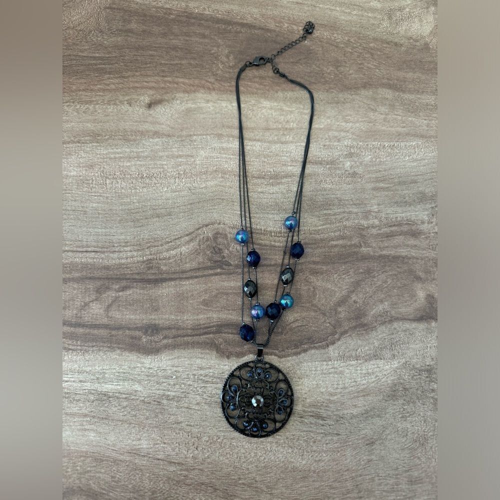 Gun Metal Toned Fashion Chain Necklace Blue Beads Mandala Pendant Rhinestone